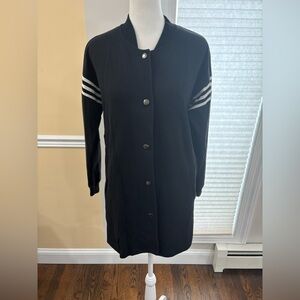 Black Long sweater jacket with white Stripes on sleeves size XS